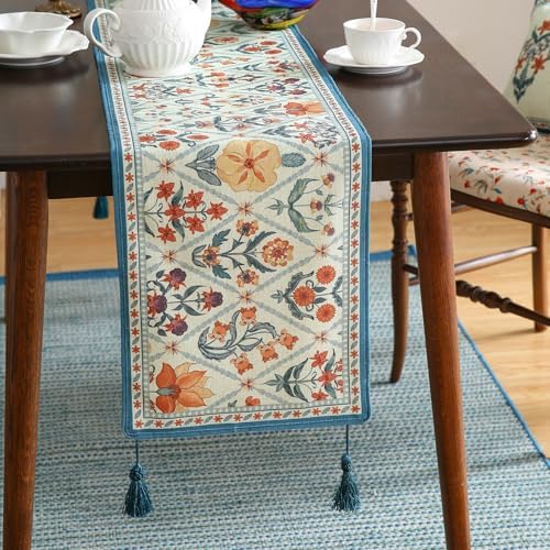 ISAENNE Designer French Linen Extra Long Table Runner,118"x12"-Floralsea A - Image 2