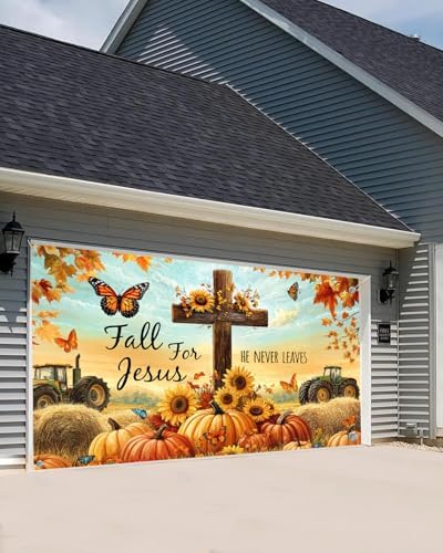 16X7Ft Fall for Jesus Garage Door Cover Banner Decorations, He Never Leaves Thanksgiving Backdrop Garage Door Autumn Backdrop Wall Decorations for Outdoor Home Yard Decor Party Photo Backgrounds - Image 3