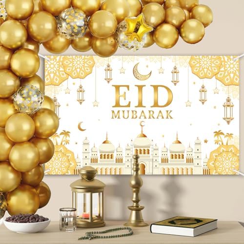 AIBIIN Eid Mubarak Backdrop Banner White Gold Themed Party Decorations for Eid Mubarak Ramadan Party Supplies Banner Photo Booth Prop 94.48 x 70.8 Inch - Image 6
