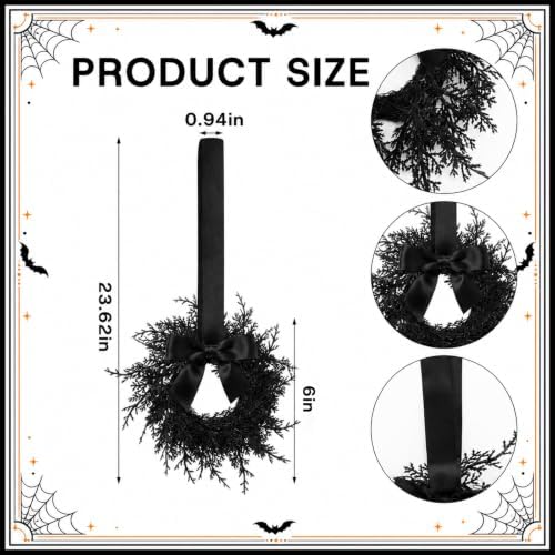 Dingion 6 Pcs 6 Inch Mini Halloween Cabinet Wreaths Black Wreath with Bow - Image 2