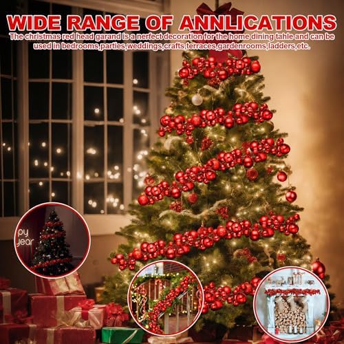 2 Pcs 6 ft Christmas Ball Ornament Garland, Mixed Red - Image 4