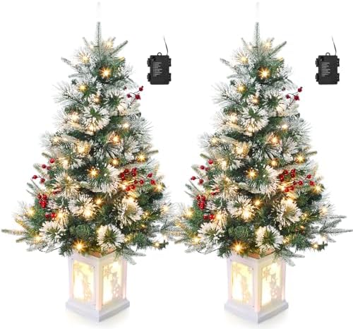3ft Prelit Snow Flocked Christmas Tree with Light Up White Snowman Box Base by GaoMon
