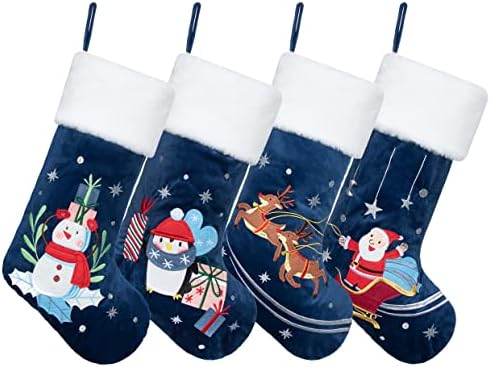 LUBOT Set of 4 Christmas Stockings (20inch) Blue Family Stocking Large Embroidered Flannel with Soft Faux Fur Fireplace Hanging Holiday Decorations 4 Pack - Image 3