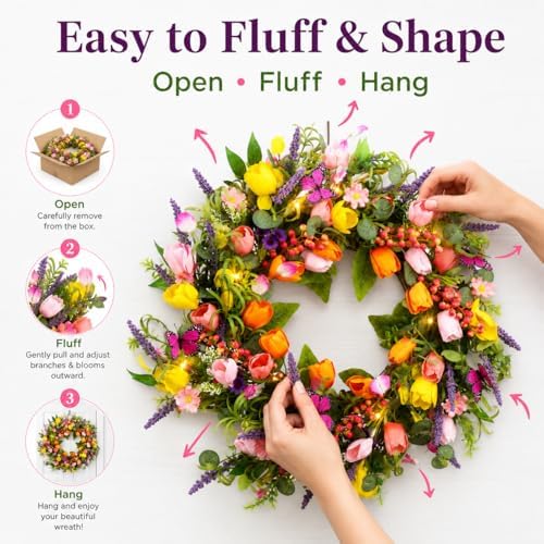 24 Inch Spring Wreaths for Front Door, Artificial Tulip Wreath with Lights & Butterflies, Spring Summer Easter Wreath for Indoor Outdoor Decor - Image 5