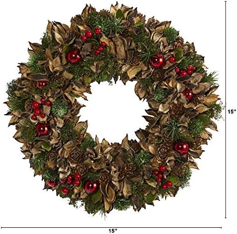 Nearly Natural 15in. Holiday Artificial Wreath with Pine Cones and Ornaments - Image 2