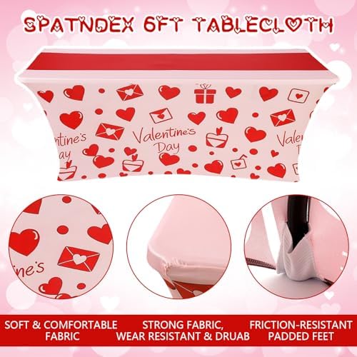 Oudain 2 Pcs Valentine's Day Stretch Table Cover 6 ft Red Heart Tablecloth - Image 4