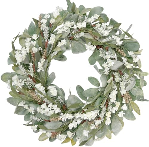 22 Inch Spring Summer Lamb Ears Leaves Wreath with Ivory Forsythia Flower, Year Round Greenery Floral Wreath for Front Door, All Seasons Rustic Farmhouse Everyday Wreath for Indoor Outdoor Decor by Egolot