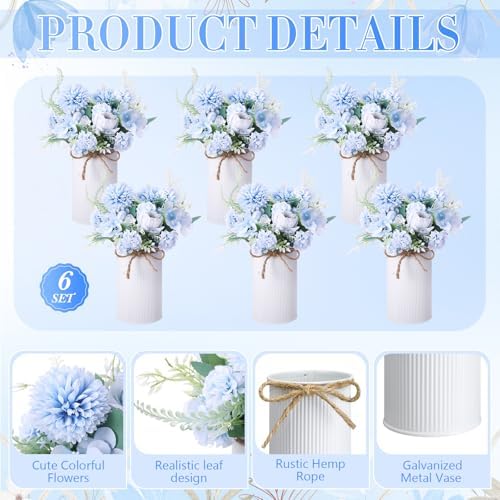 Domensi 6 Sets Wedding Centerpiece for Table Decoration Light Blue Artificial Fake Rose Flower with Metal Vase Faux Silk Rose Bouquet Floral Arrangement for Bridal Shower Home Dining - Image 5