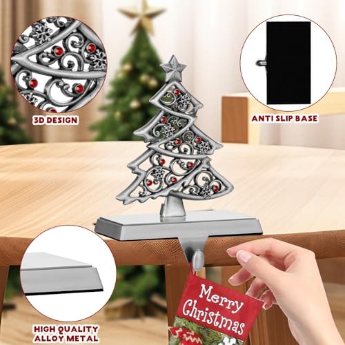 4 Pack Christmas Stocking Holder Set for Mantle Christmas Holiday Decorations Mantle Fireplace Topper Snowflake Snowman Reindeer and Christmas Tree Hangers Decorative Metal Hanger(Gray) - Image 4