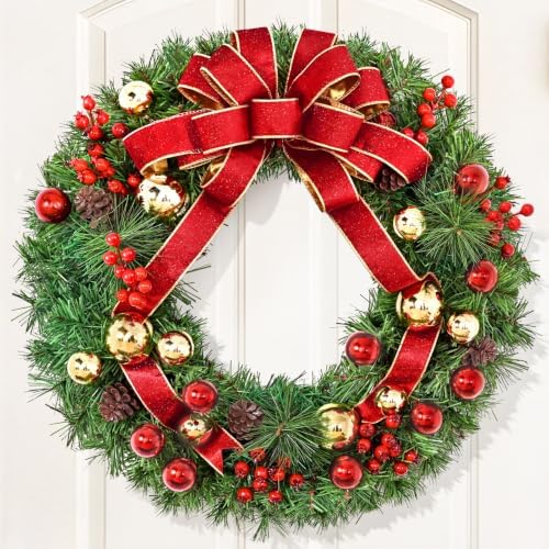 20 Inch Christmas Wreath with Lights, Realistic Large Christmas Door Wreath by Elyum