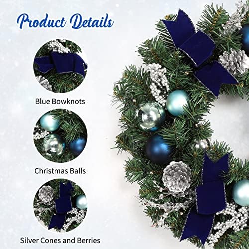 Garvee 18in Christmas Wreaths for Front Door with 15 LED Lights Blue Silver - Image 5