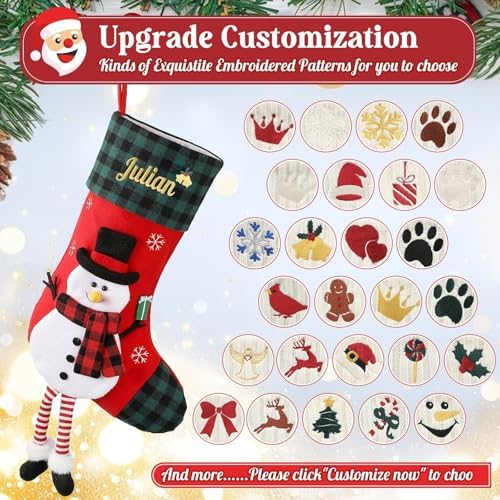 Personalized Christmas Stockings with Embroidered Name & Monogram,Custom 3D Xmas Character Stocking 5 Pack 18” Large,Santa,Snowman & Reindeer Fireplace Hanging Red Burlap Plaid Stockings(E) - Image 5