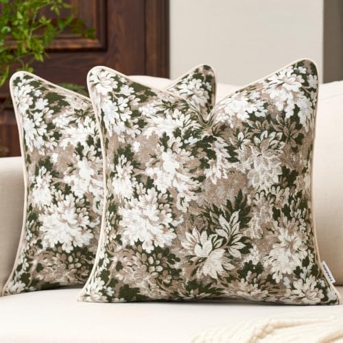 FANAMI Vintage Floral Throw Pillow Covers 20x20 Set of 2 Boho Farmhouse Accent Pillowcase Neutral Modern Chenille Square Decorative Cushion Covers for Couch Sofa Bed Living Room Home Decor, Green by Fanami
