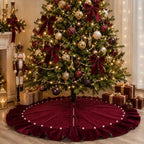 Wine Red Velvet Christmas Tree Skirt, 60 Inch Christmas Tree Skirt with Ruffled Edge and Pearl Trim - Image 4