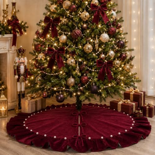 Wine Red Velvet Christmas Tree Skirt, 60 Inch Christmas Tree Skirt with Ruffled Edge and Pearl Trim - Image 4