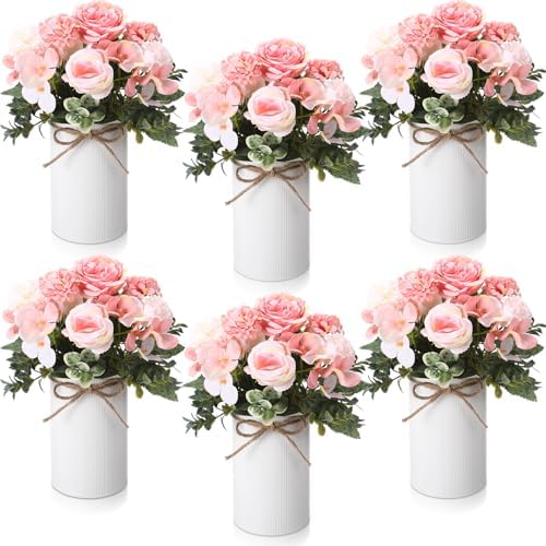 Domensi 6 Sets Wedding Centerpiece for Table Decoration Blush Pink Artificial Fake Rose Flower with Metal Vase Faux Silk Rose Bouquet Floral Arrangement for Bridal Shower Home Dining by Domensi