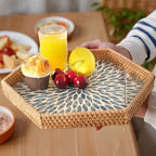 Hexagon Rattan Tray with Mother of Pearl Inlay, Rattan Serving Tray for Coffee, Bread, Fruits, Snacks, Decorative Wicker Tray for Table Decor, Home Decor (Light Blue Leaves, 14.5"×12.8") - Image 5