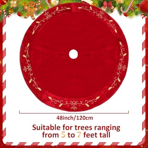 QOUBAI 48inch Christmas Tree Skirt Red Luxury Velvet Plush Fur Skirts with Gold Embroidery Xmas Velvet Tree Skirt Holly Leaves Gold Embroidered Tree Skirt for Christmas Holiday Party Decorations - Image 2