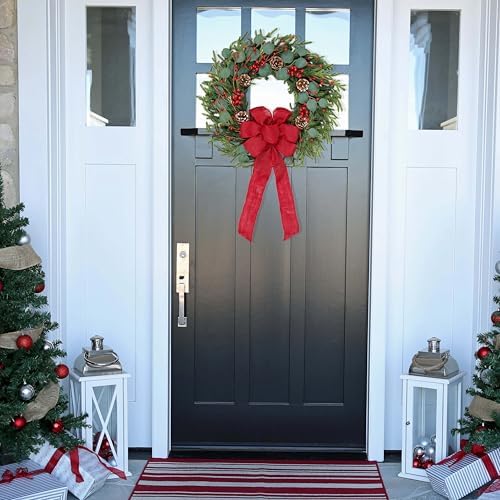 zjlmit Artificial Christmas Wreath 24Inch Christmas Wreaths for Front Door Norfolk Pine Wreath with Eucalyptus Leaves Red Berries Pine Cones Red Bow for Wall Indoor Outdoor Winter Xmas Decoration - Image 7