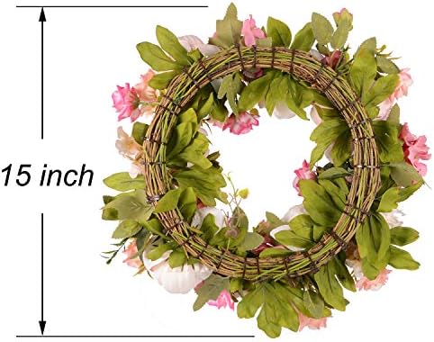 Lvydec Artificial Peony Flower Wreath - 15" Pink Flower Door Wreath Spring with Green Leaves for Front Door, Wedding, Wall, Home Decor - Image 7