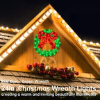 24 Inch Pre-lit Outdoor Christmas Wreath with Bow, Red Bow - Green Wreath - Image 2