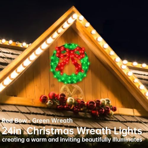 24 Inch Pre-lit Outdoor Christmas Wreath with Bow, Red Bow - Green Wreath - Image 2