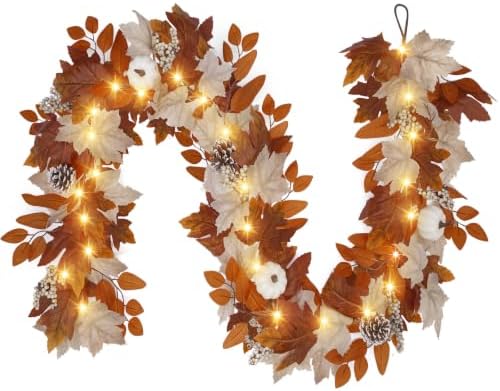 2 Pack 6 Ft Fall Garland with Lights & Timer, Thanksgiving Mantel Decor by FLAGLY