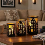 TRIROCKS Village Silhouette Candle Lantern 7.5" H Etched Bronze Metal Candle Holder Decorations for Living Room Tabletop Parties Patio Entryway Indoors Outdoors(3PCS) - Image 3