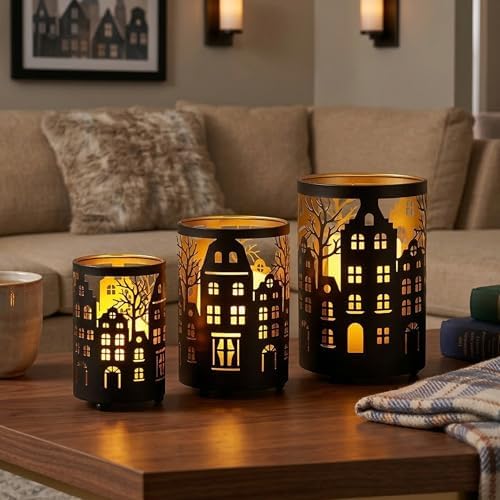 TRIROCKS Village Silhouette Candle Lantern 7.5" H Etched Bronze Metal Candle Holder Decorations for Living Room Tabletop Parties Patio Entryway Indoors Outdoors(3PCS) - Image 3