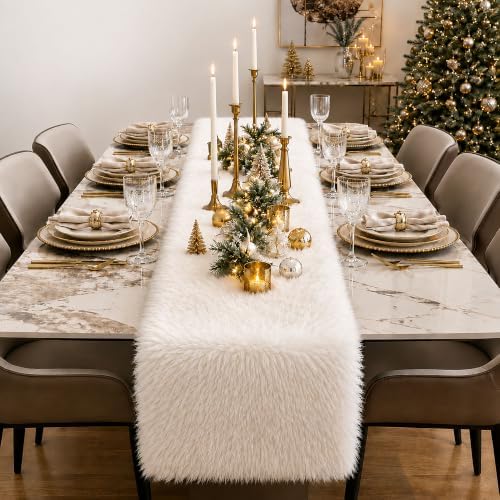 Faux Fur Table Runner 12x60 Inch White Christmas Table Decor - Image 2