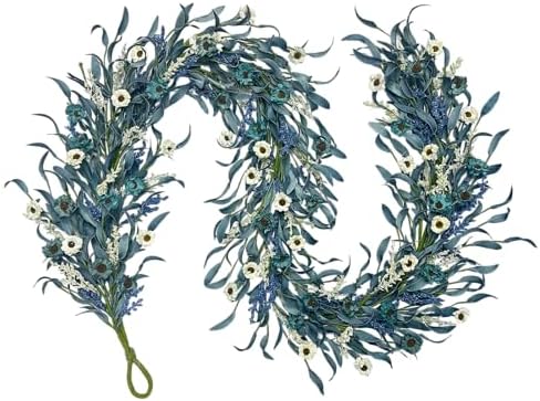 70 Inch Blue Eucalyptus Garland with White Flowers - Long Artificial Vine Garland for Staircase, Mantel, Fence, Front Door, Indoor/Outdoor Hanging Decor for All Seasons by wwmira