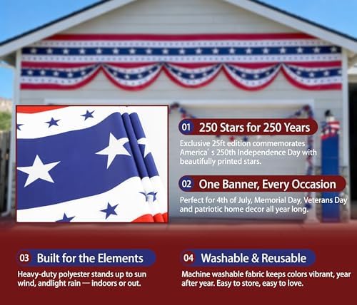 25ft 4th of July Decorations American Flag Bunting Patriotic Door Decor Outdoor Porch for Memorial Day 250th Independence（1 Pack) - Image 3