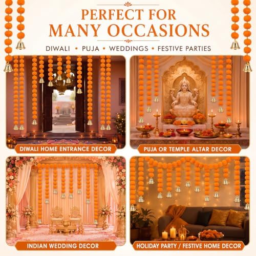 Suncalla 12 Pcs 4 Ft Marigold Garland Gold Bell,Orange - Image 5