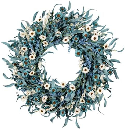 24 Inch Blue Daisy Flower Wreaths for Front Door - Spring Summer Wreath with White Floral, Blue Eucalyptus Leaves &Lavender Farmhouse Indoor Outdoor Decor for Porch, Patio & Entryway by wwmira
