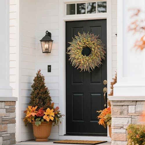 26" Artificial Fall Eucalyptus & Ferns Wreath for Front Door (Green Orange) - Image 4