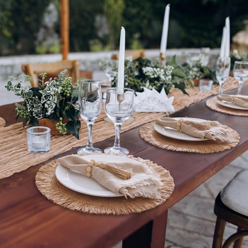 Frienda 6 Pcs Boho Woven Placemat Set with Runner, Napkin Rings, Beige - Image 5