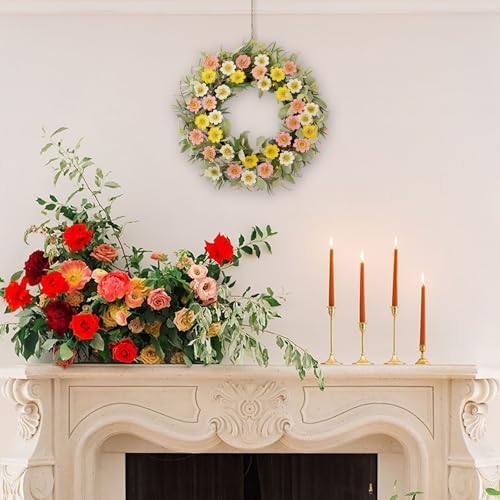 22 Inch Spring Summer Daisy Wreath for Front Door, Pastel Color Floral Wreath with Lamb's Ear Leaves &Berries,Handcrafted Farmhouse Wildflower Wreath for Wall, Window, Wedding Home Decor - Image 4