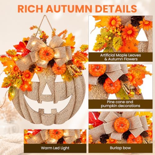Fall Wreaths for Front Door, Burlap Style Pumpkin Sign with Autumn Leaves and Bow, Halloween Decor for Porch Wall (B-2PCS) - Image 3