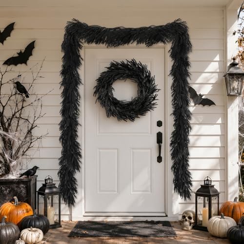 N&T NIETING 9FT Black Garland Artificial Norfolk Pine Garland Real Touch Halloween Garlands Faux Garland for Table Mantle Holiday Fireplace Indoor Outdoor Christmas Gothic Stairs Decorations - Image 5