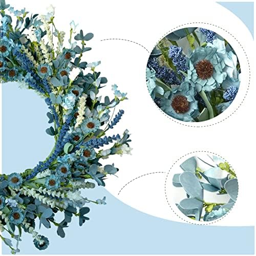 22 Inch Spring Wreath Blue with Green Leaves Wreaths Blue Daisy Artificial Grains White Flower Wreath for Front Door Wreaths, Summer Farmhouse Decor Indoor&Outdoor Wedding Wall Home - Image 4