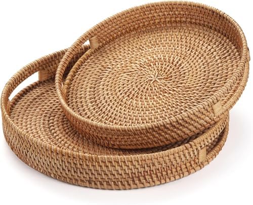 2 Pack Round Rattan Tray, Hand Woven Serving Tray with Handles, Wicker Serving Basket, Decorative Tray for Home Decor, Natural (11.8 + 14 inch) by XIMISISE