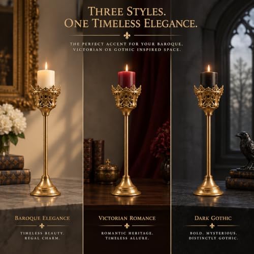 CROWSONG Tall Pillar Candle Holders Set of 2 – Baroque Crown Design | Antique Gold Iron, 14.2" & 11.8" | Victorian Mantel & Centerpiece Décor (Candles Not Included) - Image 5
