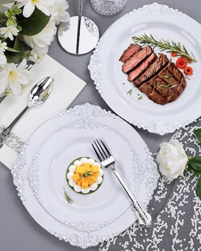 Nervure 700Pcs Silver Plastic Plates, Plastic Dinnerware Set for 100 Guests - Image 5