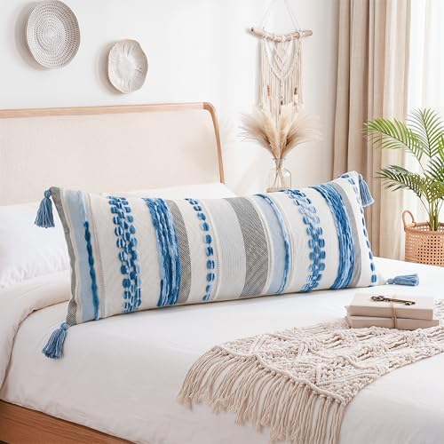 PANOD Boho Long Lumbar Throw Pillow Cover 14 x 36 Blue, Chenille Morocan Extra Long Pillow Case Cover, Decorative Long Pillow for Bed Couch Sofa Farmhouse - Image 5