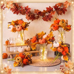 6 Set Fall Mason Jar Centerpiece Table Decor for Dining Room Thanksgiving Flowers Farmhouse Coffee Table Decor with Pumpkin Bouquets and String Light for Kitchen Living Room Wedding Home - Image 3