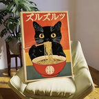 Framed Funny Black Cat Canvas Wall Art Set of 2, Vintage Japanese Cat Eating Ramen Poster, Unique Gifts and Cat Lover Printing Picture, for Living Room Kitchen Dining Room Wall Decor 16x24 inch - Image 5