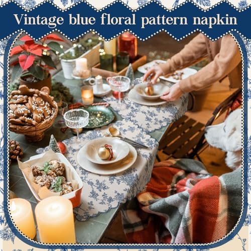 Christmas Cloth Napkins, 24 Pcs, Navy Blue Floral - Image 7