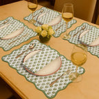 CPC Cotton Placemats Emerald Green Set of 4-Hand Block Printed Reversible Placemats, Flower Scalloped & Embroidered Cloth Table Mats - 14 x 20 inch Gift for Spring, Mother's Day - Image 2