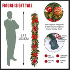 6ft Pre-lit Garland,red Gold Christmas Decorated Garland with 30 LED Light String,Indoor Outdoor Xmas Decorations on Mantle Fireplace Front Door, Christmas Stairs Decor Battery Operated with Timer - Image 7