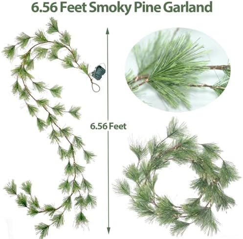 2025 New 6.56FT Christmas Pine Garland Lights 96 Warm White LED Lights 8 Flash Modes Battery Operated with Timer Lighted Smoky Pine Garland for Mantle Fireplace Indoor Home Christmas Decoration - Image 2